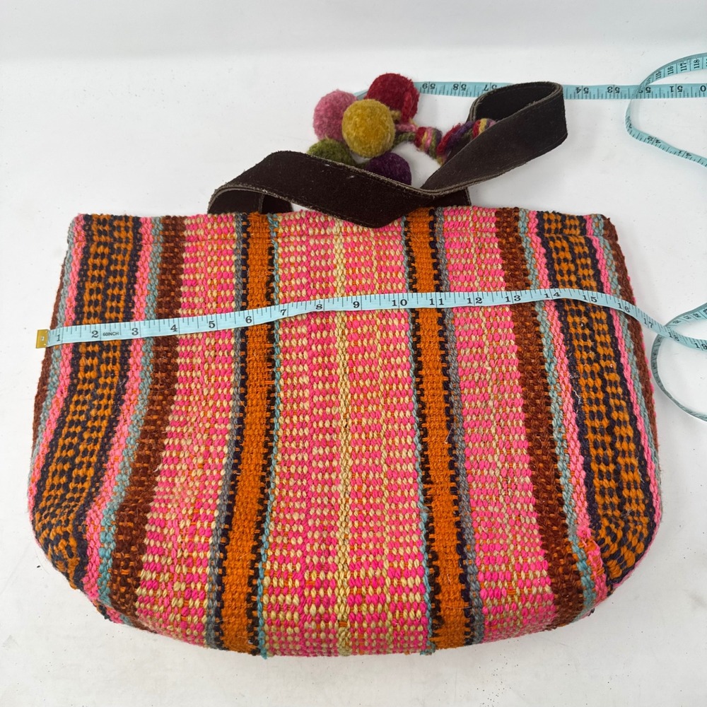 Peruvian Connection Handwoven Tote Bag Pink Striped Wool Pom Pom Boho Artisan - Picture 11 of 12